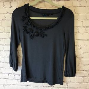 Boden Ruffle Rosette Neckline Black 3/4 Sleeve Cottagecore Top Womens Size 10